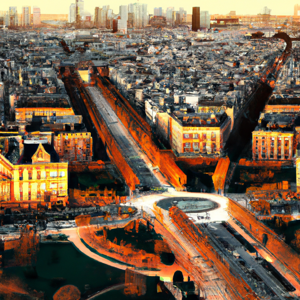 Vue cartographique du centre de Paris avec repère sur le 3e arrondissement, proche du Centre Pompidou, rendu détaillé au coucher du soleil